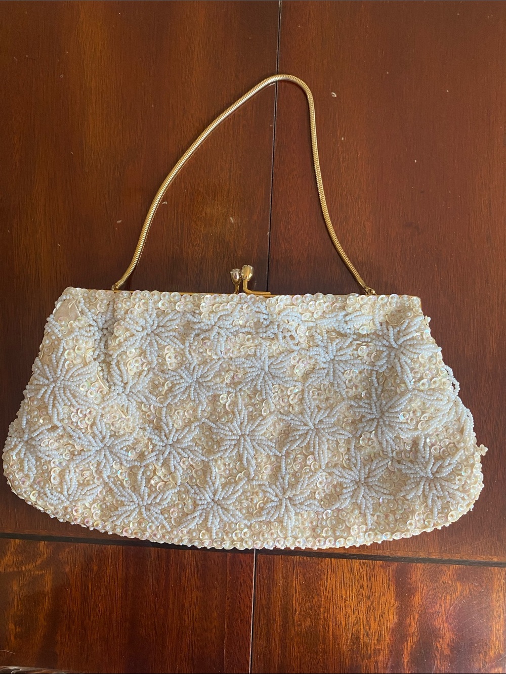 Ivory Sequin Floral Beaded Evening Clutch Gold  Handle Mother of Pearl Hong Kong